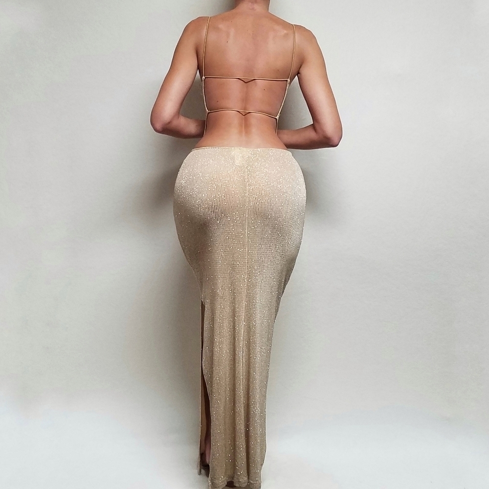 80s Vintage City Triangles Gold Metallic Knit Strappy Backless Slit Maxi Dress M - Picture 3 of 14